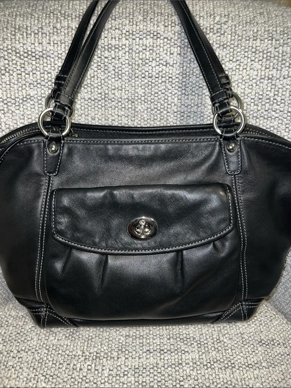 Coach Leah Black Leather Shoulder Bag with Light Blue Interior
